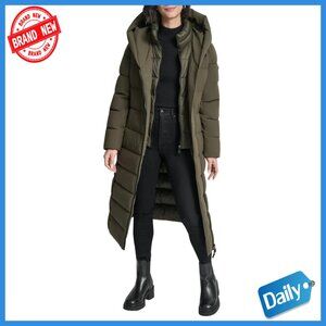 Women's Maxi Puffer Coat with Bib, Asymmetrical Zipper, Long Quilted Winter